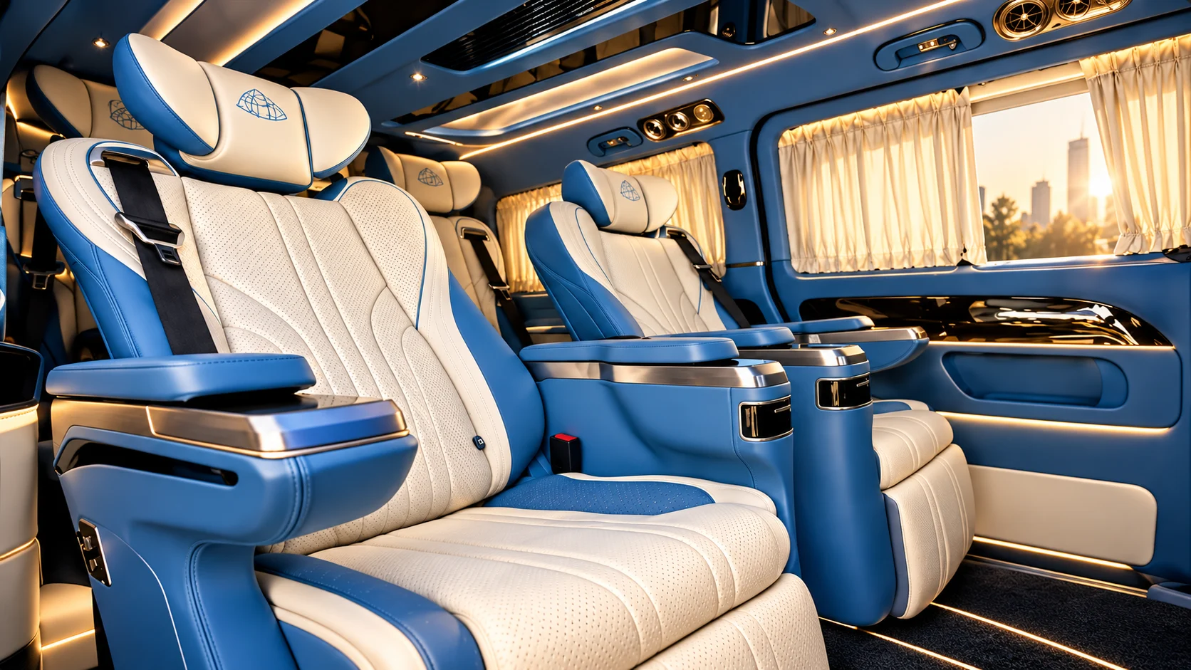 Lichtblauw en crèmekleurig Maybach VIP-interieur in warm zonlicht