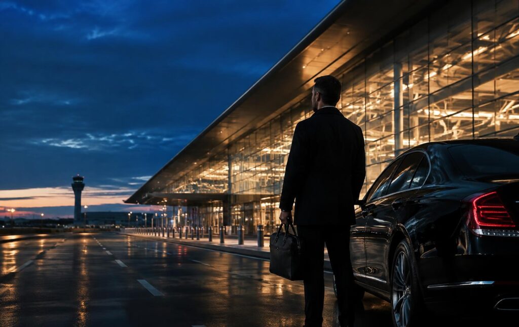 Luxe vervoer bij een luchthaven in de avond