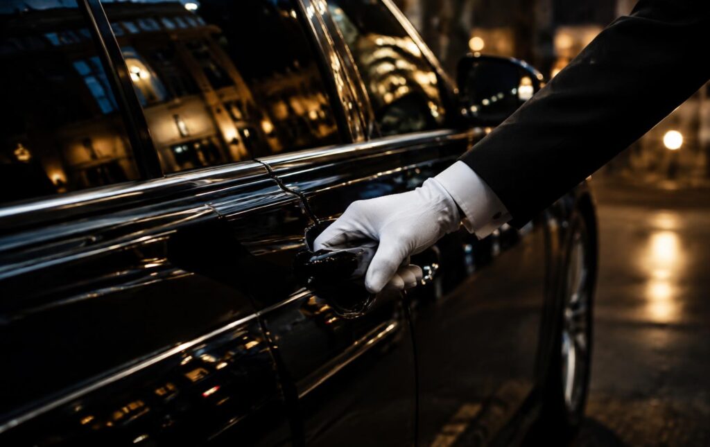 Chauffeur opent de deur van een luxe voertuig