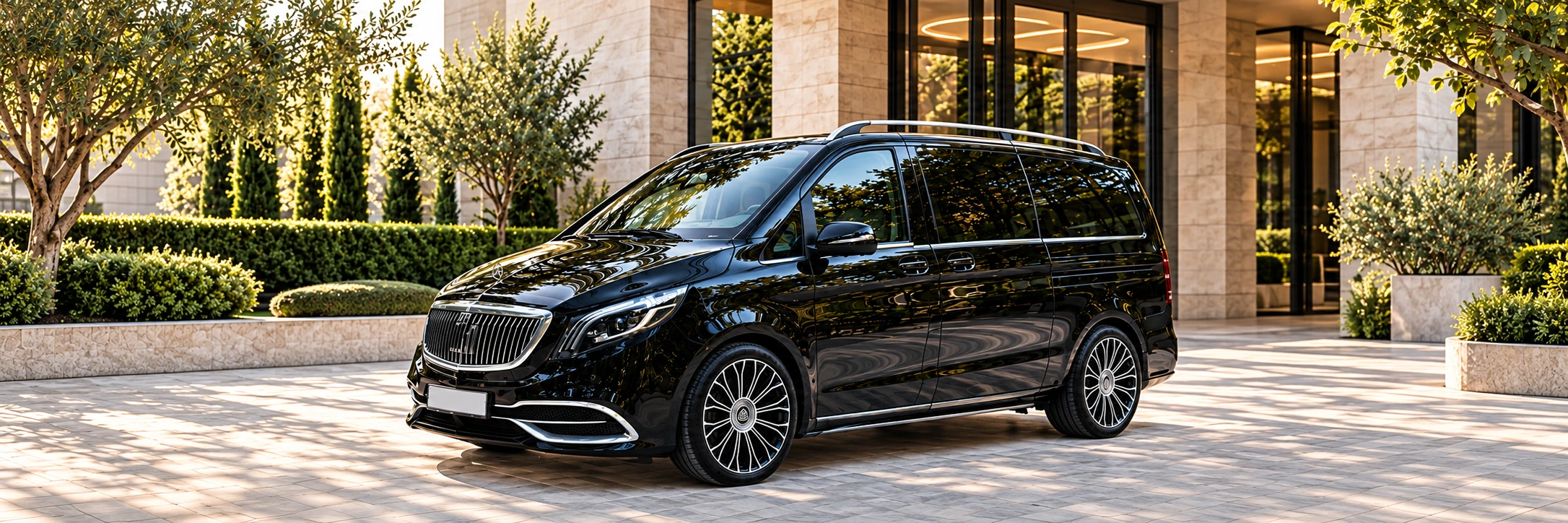 Zwarte Maybach VIP bus bij een stijlvolle ontvangstlocatie